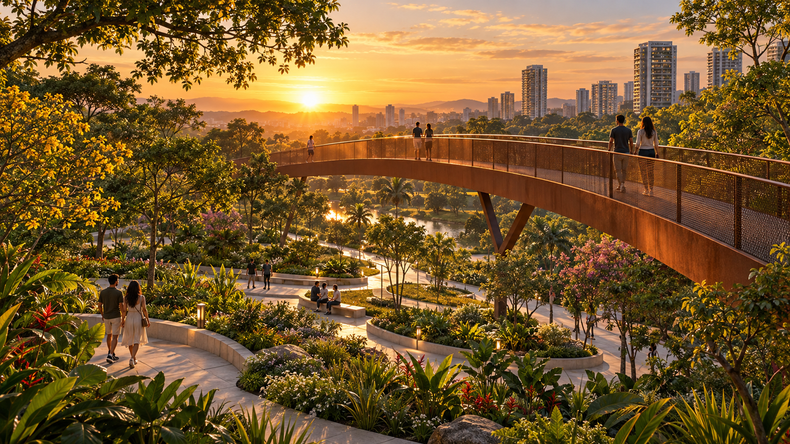 Parque urbano com passarela e áreas verdes